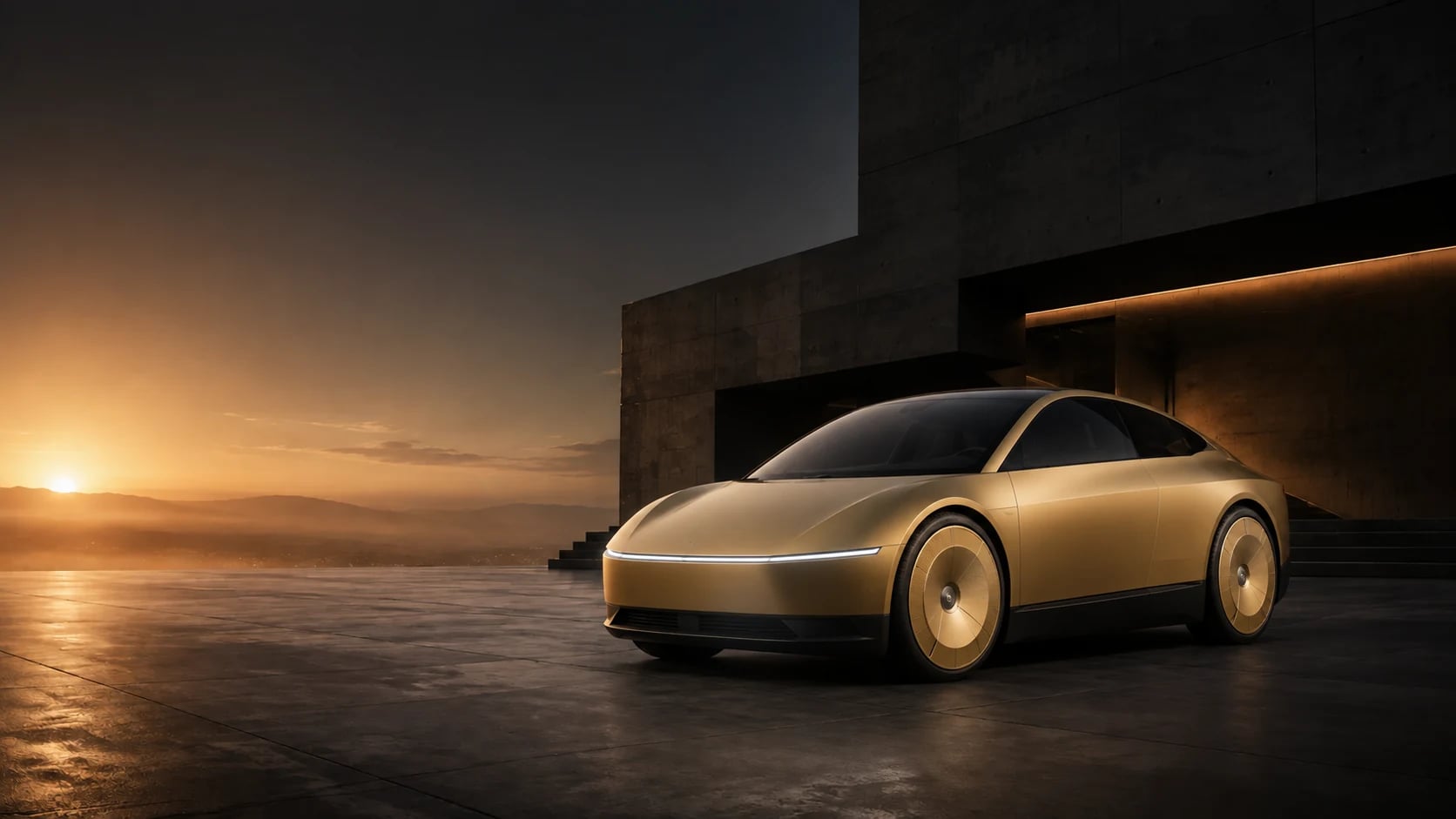 Illustration of a gold Tesla Cybercab beside a modern pavilion at dusk